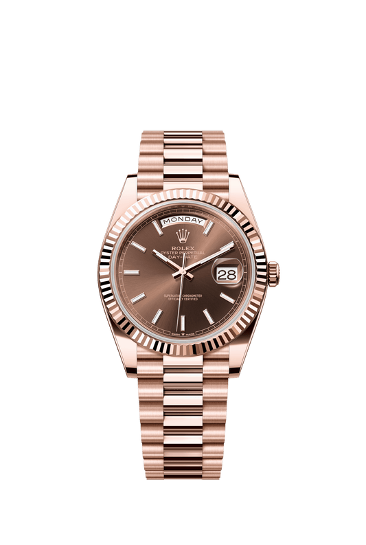 Rolex Oyster 40 mm Chocolate Dial 18 kt Everose Gold President, Semi-Circular Three-Piece Links m228235-0053