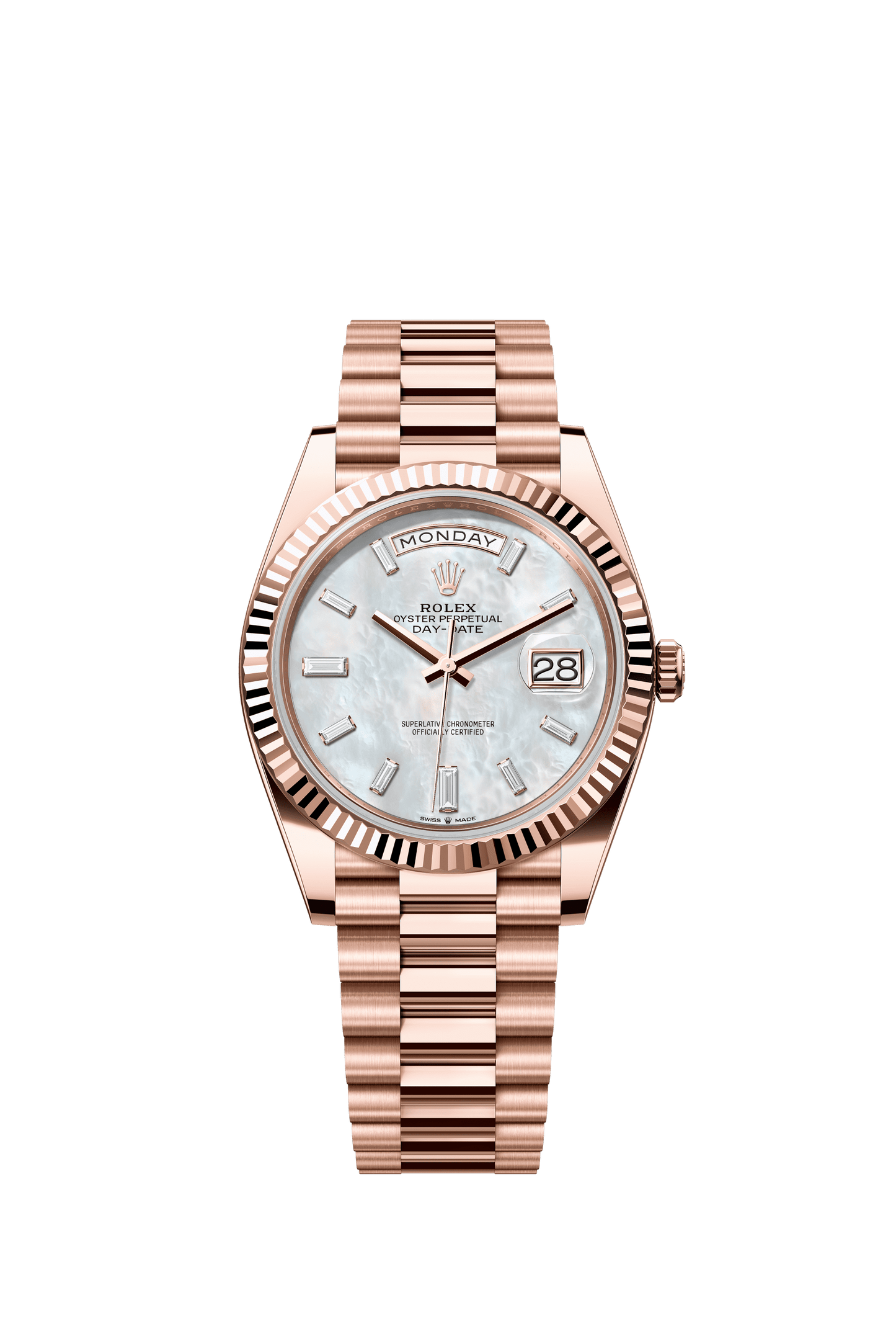 Rolex Oyster 40 mm White Mother-Of-Pearl Set With Diamonds Dial 18 kt Everose Gold President, Semi-Circular Three-Piece Links m228235-0056