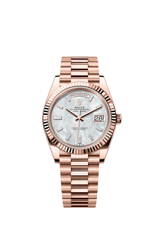 Rolex Oyster 40 mm White Mother-Of-Pearl Set With Diamonds Dial 18 kt Everose Gold President, Semi-Circular Three-Piece Links m228235-0056