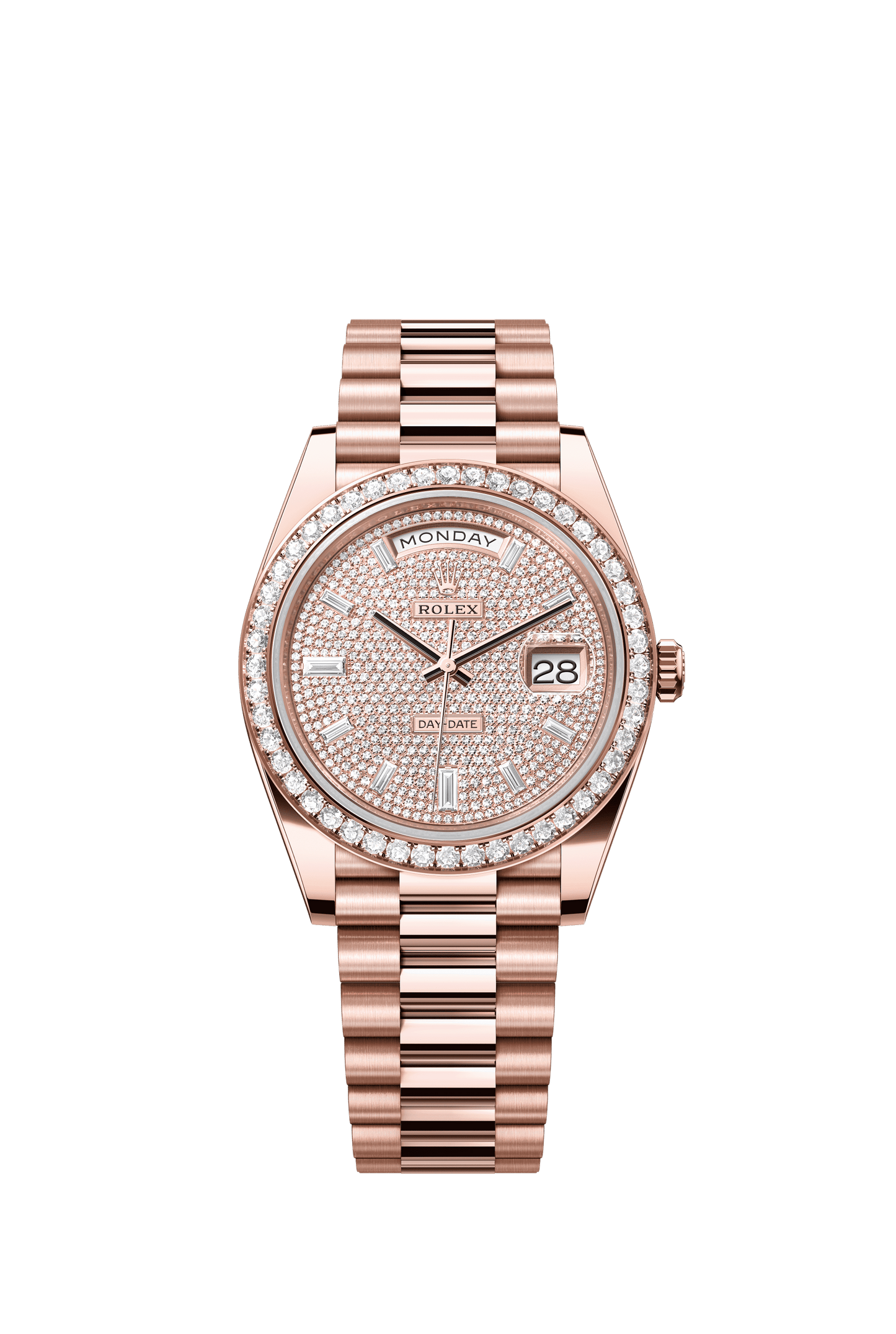 Rolex Oyster 40 mm Diamond-Paved Dial 18 kt Everose Gold President, Semi-Circular Three-Piece Links m228345rbr-0002