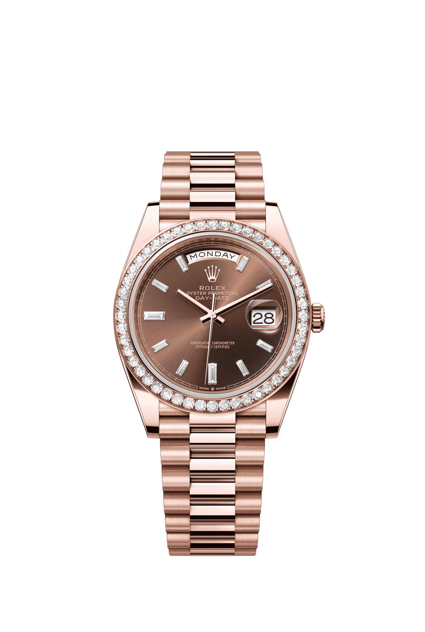 Rolex Oyster 40 mm Chocolate Set With Diamonds Dial 18 kt Everose Gold President, Semi-Circular Three-Piece Links m228345rbr-0006