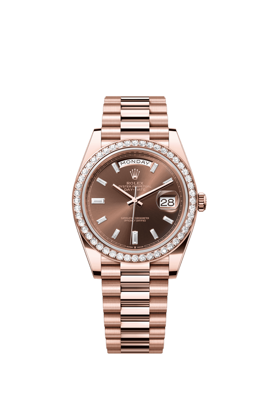 Rolex Oyster 40 mm Chocolate Set With Diamonds Dial 18 kt Everose Gold President, Semi-Circular Three-Piece Links m228345rbr-0006