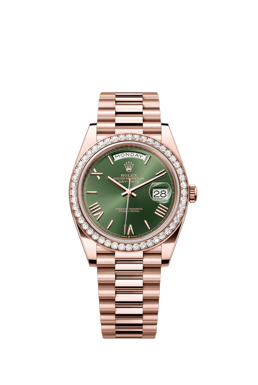 Rolex Oyster 40 mm Olive Green Dial 18 kt Everose Gold President, Semi-Circular Three-Piece Links m228345rbr-0011