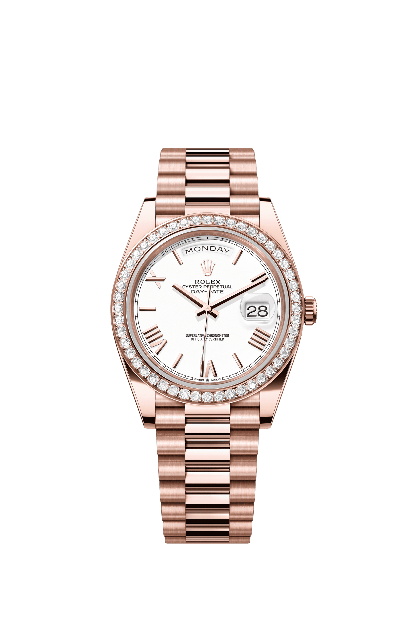 Rolex Oyster 40 mm White Dial 18 kt Everose Gold President, Semi-Circular Three-Piece Links m228345rbr-0012