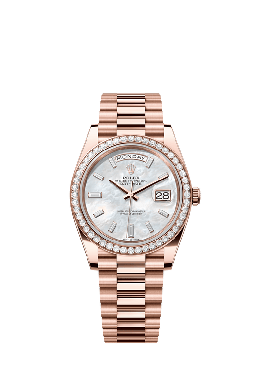 Rolex Oyster 40 mm White Mother-Of-Pearl Set With Diamonds Dial 18 kt Everose Gold President, Semi-Circular Three-Piece Links m228345rbr-0026