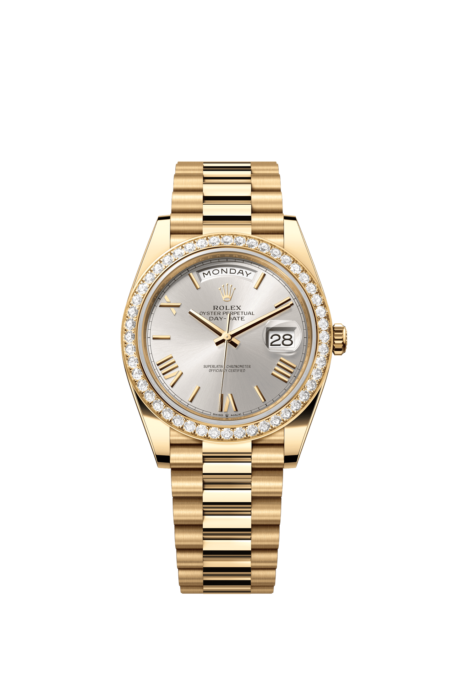 Rolex Day-Date 40 40 mm Silver Dial with Diamonds 18k Yellow Gold President Bracelet m228348rbr-0007