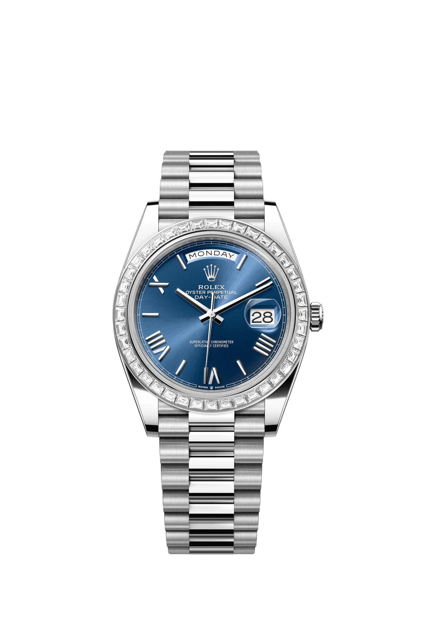 Rolex Day-Date 40 40 mm Bright Blue Dial with Diamonds Platinum President Bracelet m228396tbr-0026