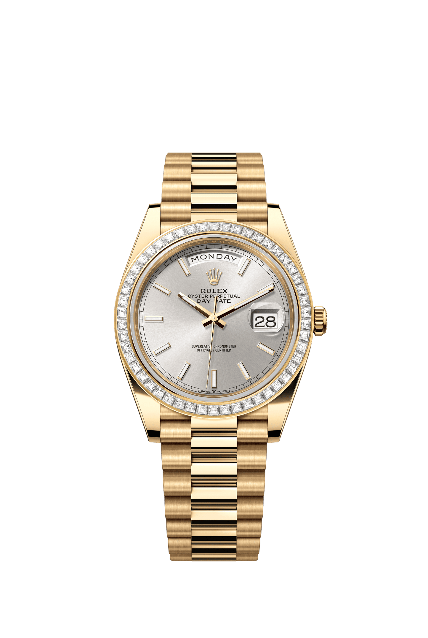 Rolex Day-Date 40 40 mm Silver Dial with Diamonds 18k Yellow Gold President Bracelet m228398tbr-0040