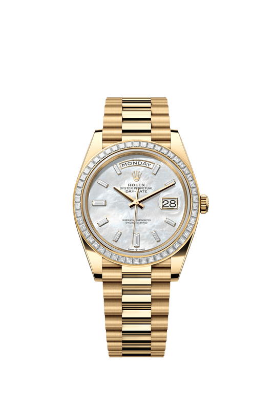 Rolex Day-Date 40 40 mm White Mother-Of-Pearl Set With Diamonds Dial 18k Yellow Gold President Bracelet m228398tbr-0043