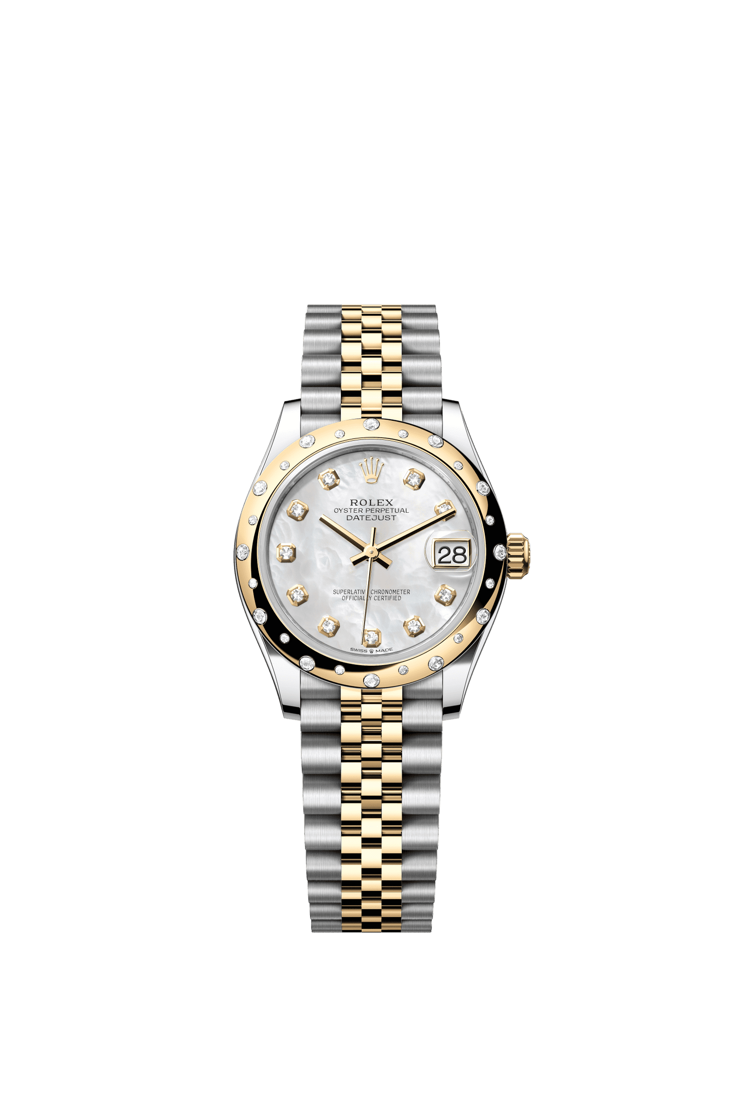 Rolex Datejust 31 31 mm White Mother-Of-Pearl Set With Diamonds Dial Oystersteel and 18k Yellow Gold Jubilee Bracelet m278343rbr-0028