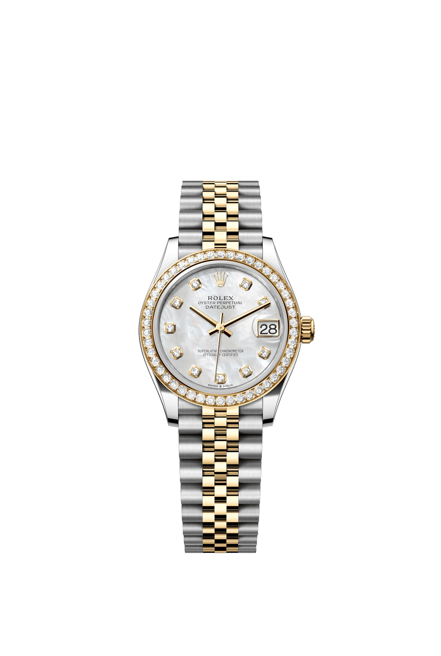 Rolex Datejust 31 31 mm White Mother-Of-Pearl Set With Diamonds Dial Oystersteel and 18k Yellow Gold Jubilee Bracelet m278383rbr-0028