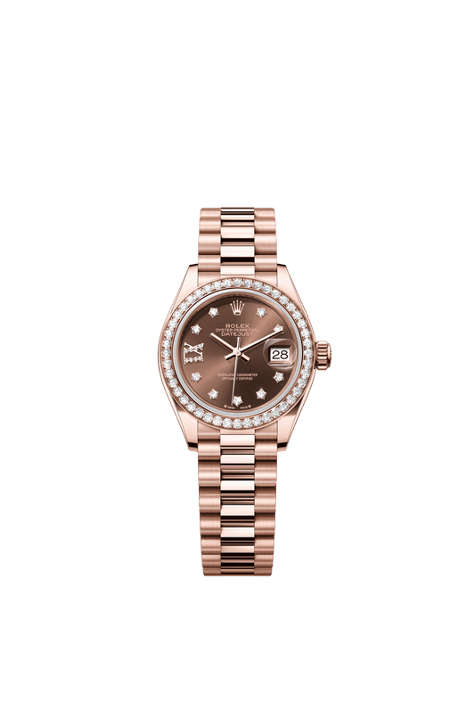 Rolex Oyster 28 mm Chocolate Set With Diamonds Dial 18 kt Everose Gold President, Semi-Circular Three-Piece Links m279135rbr-0001