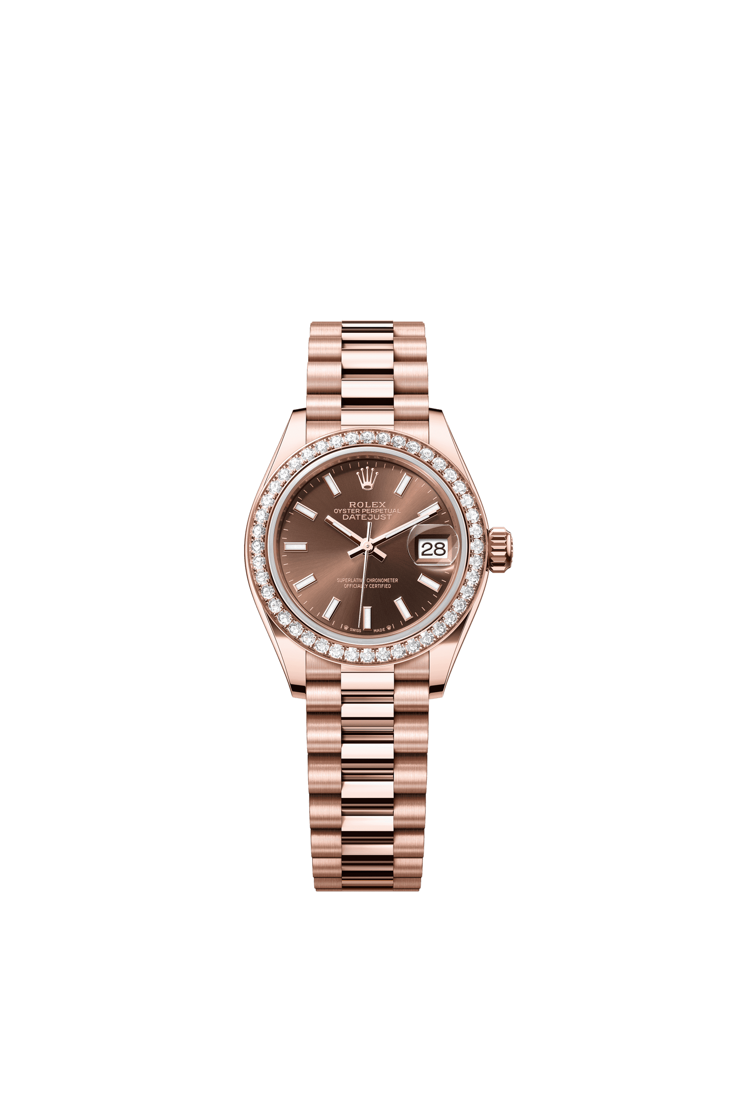 Rolex Oyster 28 mm Chocolate Dial 18 kt Everose Gold President, Semi-Circular Three-Piece Links m279135rbr-0005