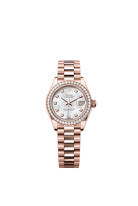 Rolex Oyster 28 mm White Mother-Of-Pearl Set With Diamonds Dial 18 kt Everose Gold President, Semi-Circular Three-Piece Links m279135rbr-0010