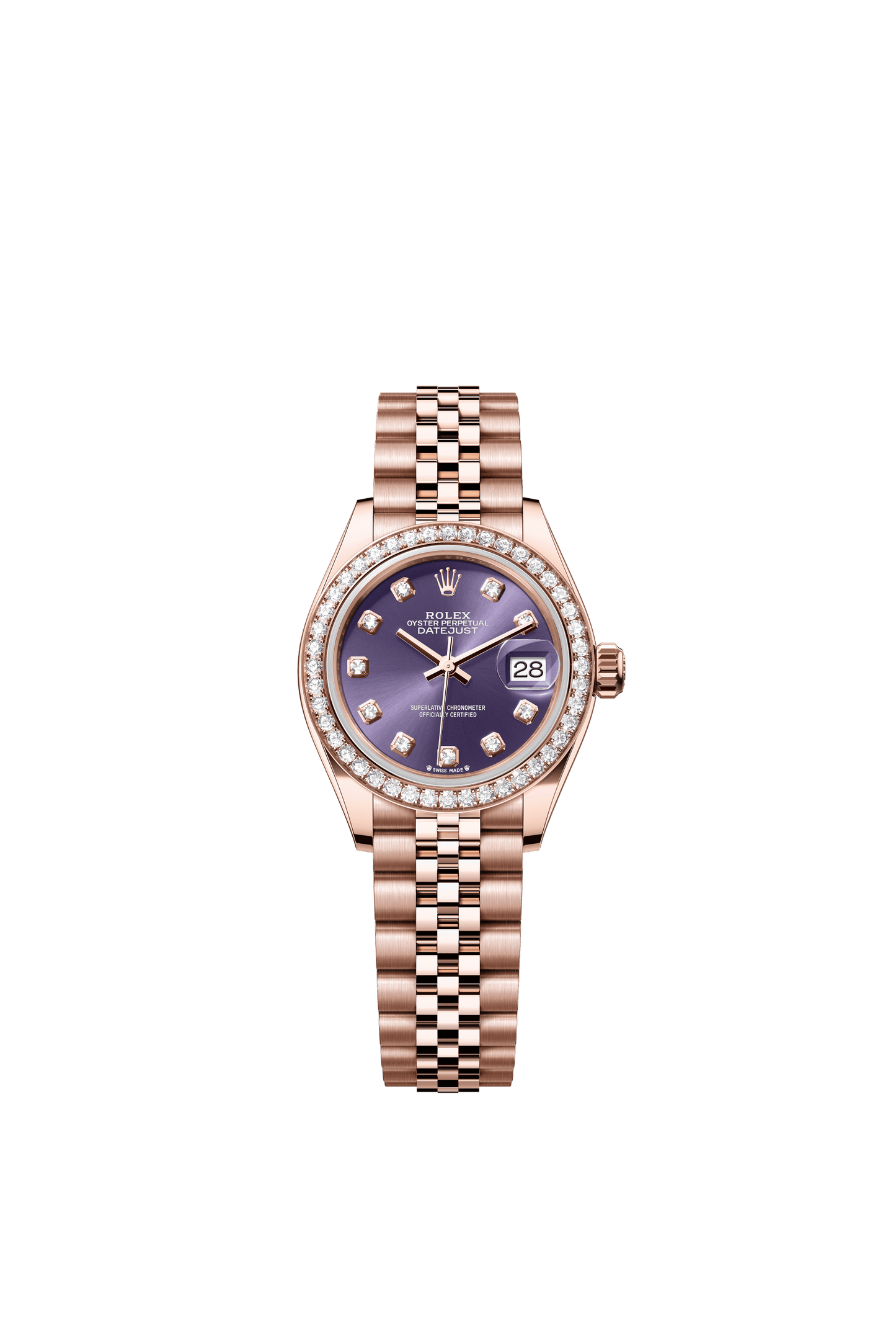 Rolex Oyster 28 mm Aubergine Set With Diamonds Dial 18 kt Everose Gold Jubilee m279135rbr-0011