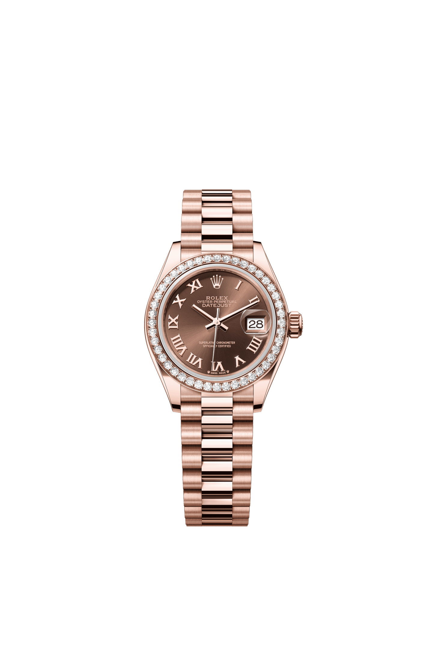 Rolex Oyster 28 mm Chocolate Dial 18 kt Everose Gold President, Semi-Circular Three-Piece Links m279135rbr-0016