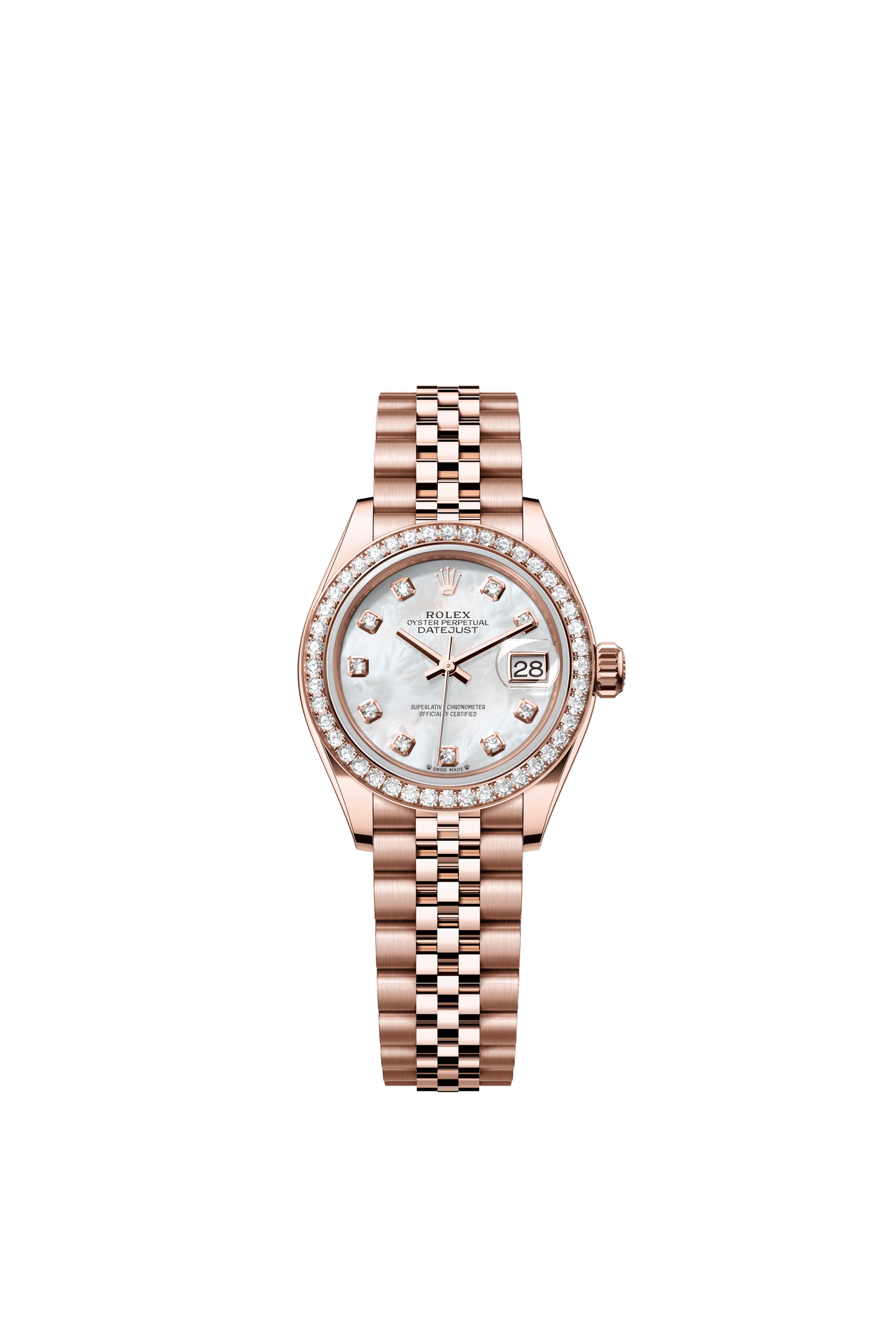 Rolex Oyster 28 mm White Mother-Of-Pearl Set With Diamonds Dial 18 kt Everose Gold Jubilee m279135rbr-0019