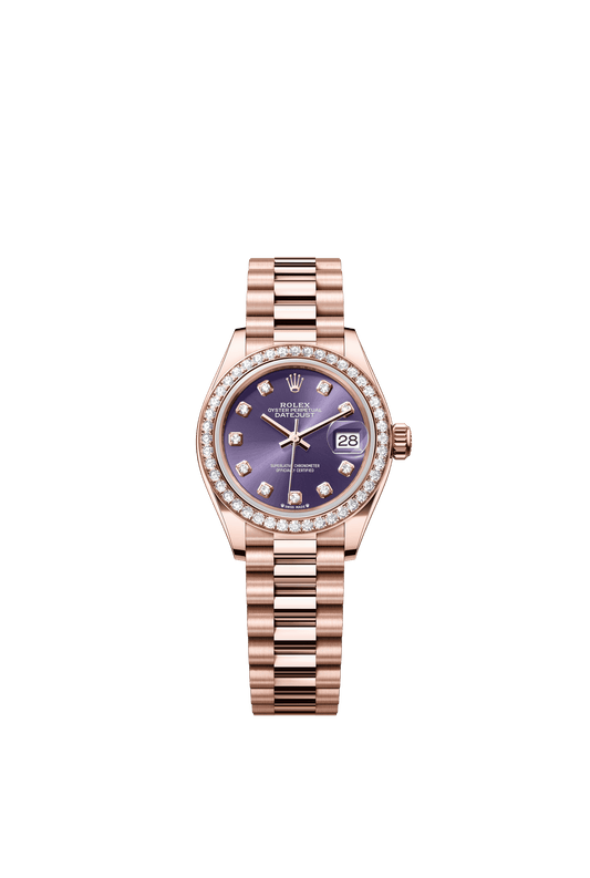 Rolex Oyster 28 mm Aubergine Set With Diamonds Dial 18 kt Everose Gold President, Semi-Circular Three-Piece Links m279135rbr-0020