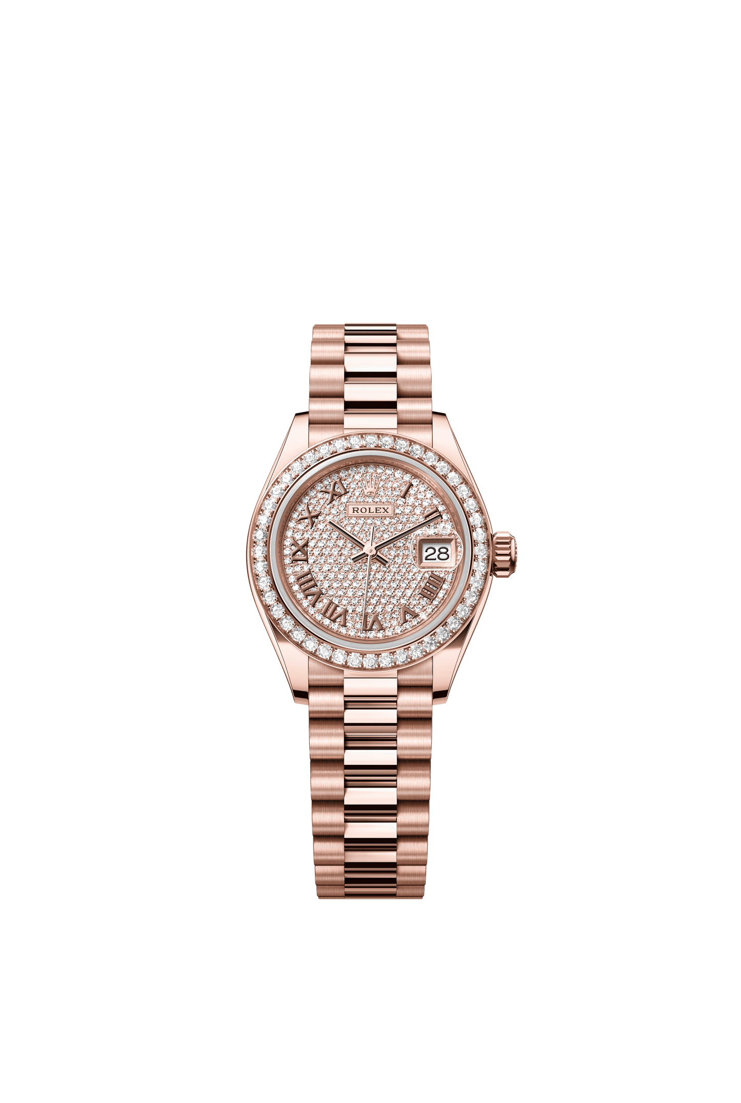 Rolex Oyster 28 mm Diamond-Paved Dial 18 kt Everose Gold President, Semi-Circular Three-Piece Links m279135rbr-0021