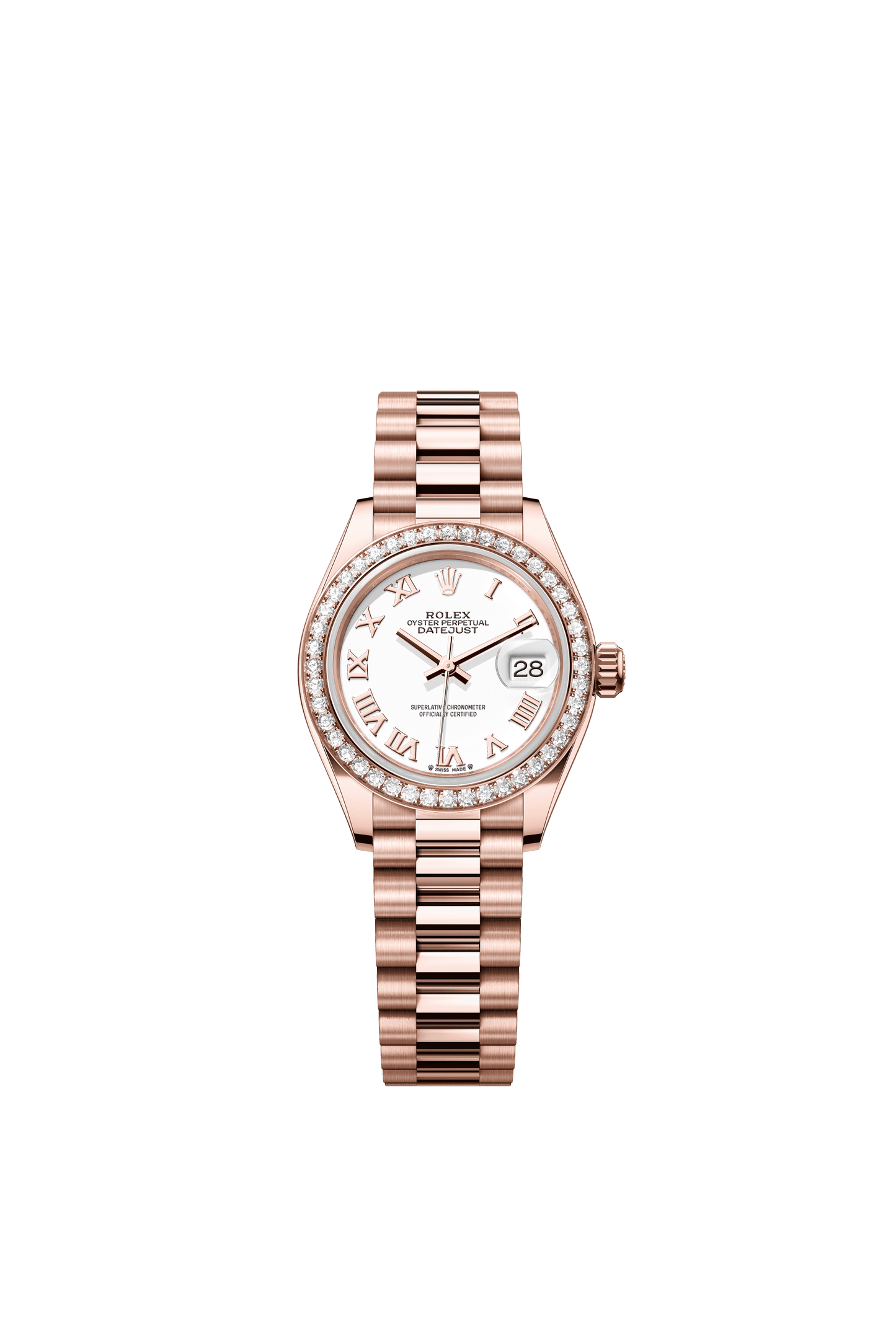 Rolex Oyster 28 mm White Dial 18 kt Everose Gold President, Semi-Circular Three-Piece Links m279135rbr-0023