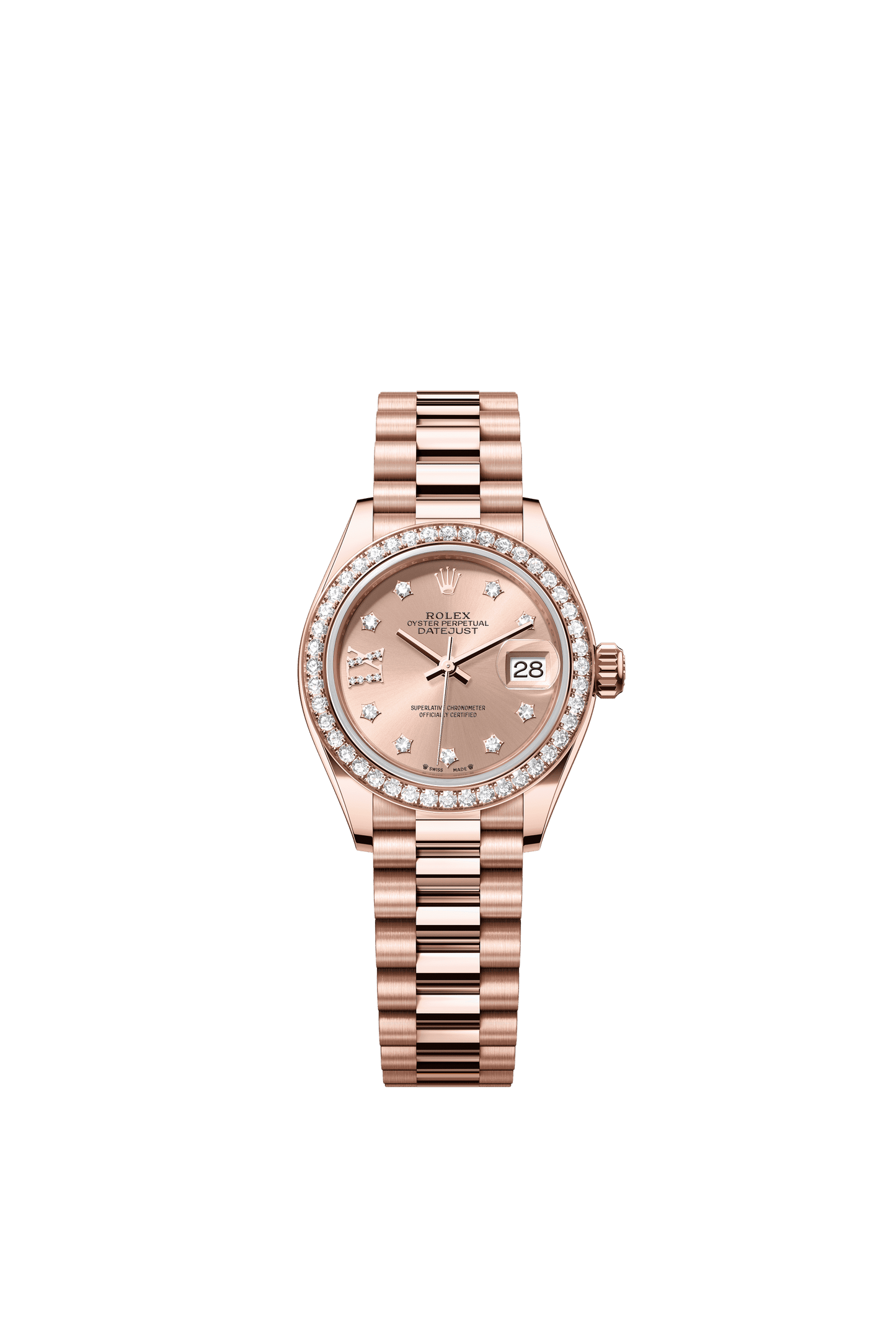 Rolex Oyster 28 mm Rose-colour Set With Diamonds Dial 18 kt Everose Gold President, Semi-Circular Three-Piece Links m279135rbr-0029