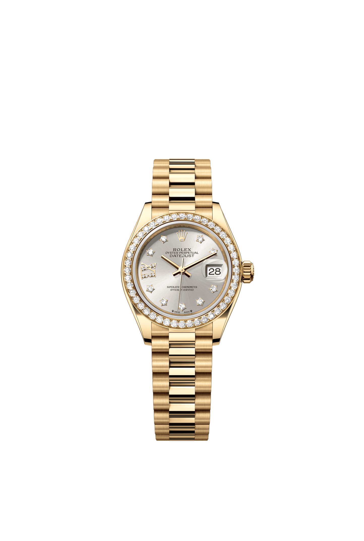 Rolex Oyster 28 mm Silver Set With Diamonds Dial 18k Yellow Gold President Bracelet m279138rbr-0001