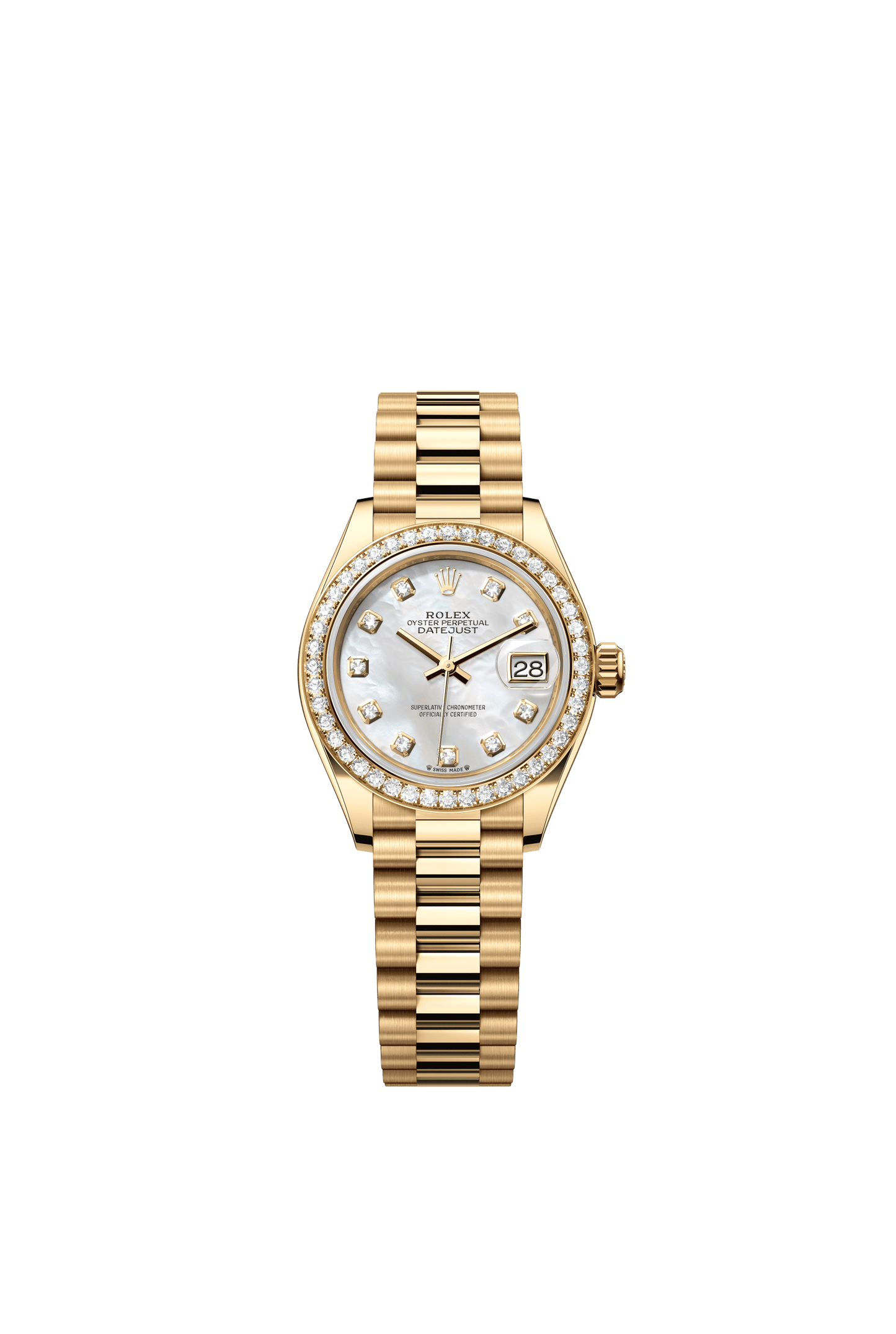 Rolex Oyster 28 mm White Mother-Of-Pearl Set With Diamonds Dial 18k Yellow Gold President Bracelet m279138rbr-0015