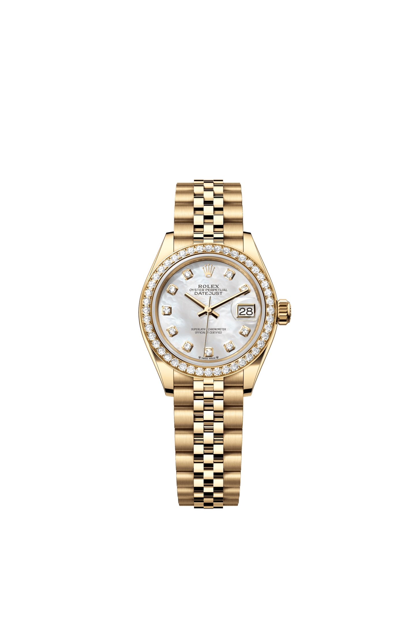 Rolex Oyster 28 mm White Mother-of-Pearl Set With Diamonds Dial 18k Yellow Gold Jubilee Bracelet. m279138rbr-0016