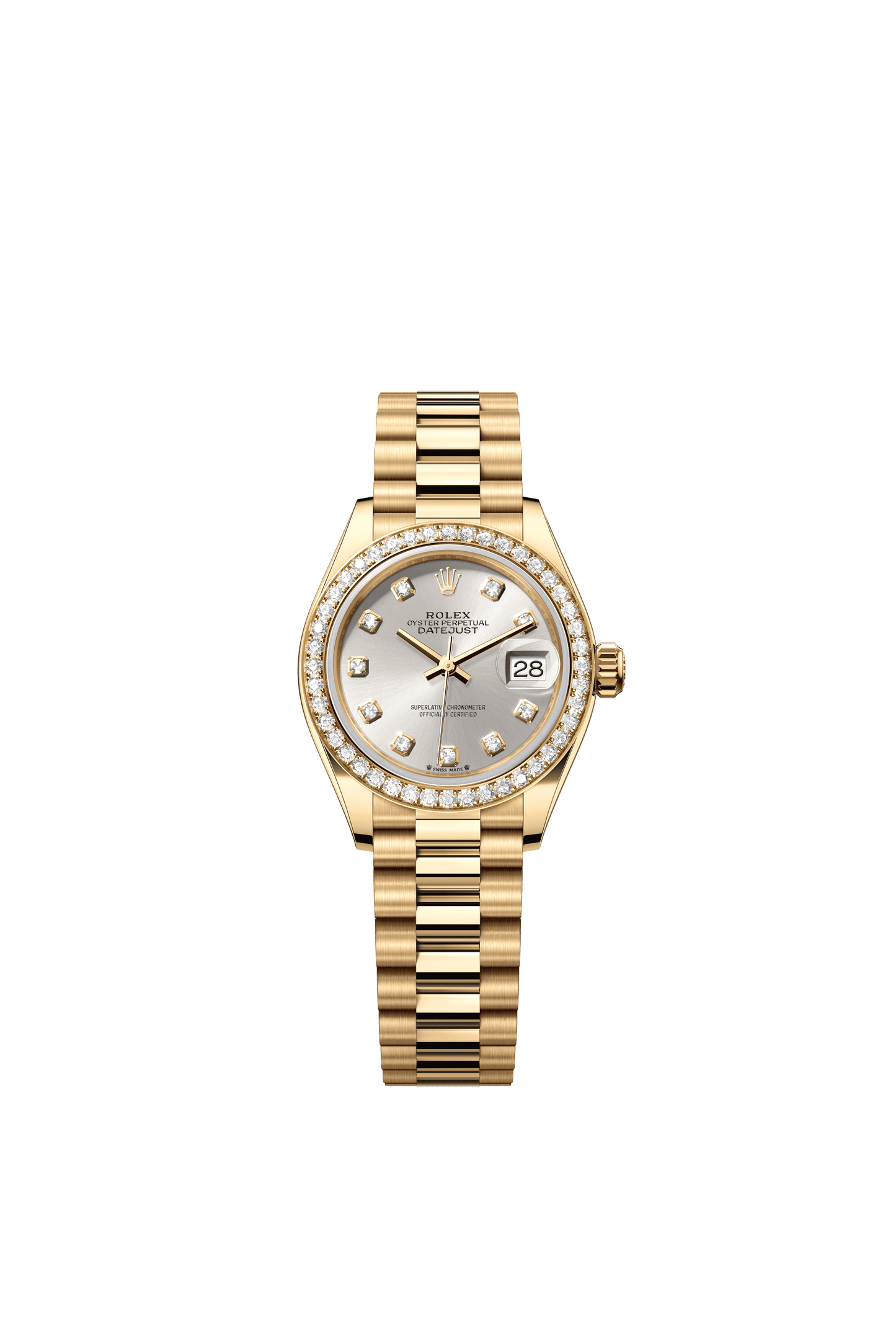 Rolex Oyster 28 mm Silver set with diamonds Dial 18k Yellow Gold President Bracelet m279138rbr-0019