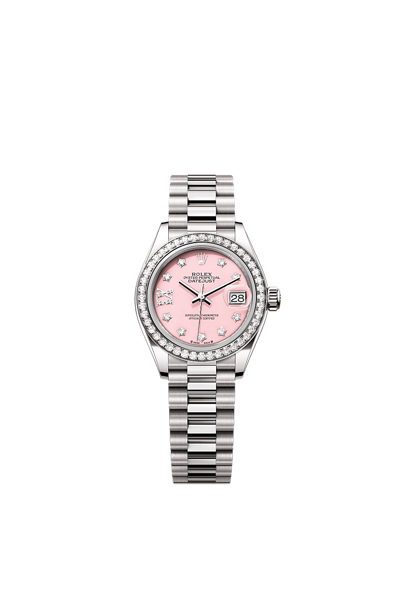 Rolex Oyster 28 mm Pink Opal Set With Diamonds Dial 18 kt White Gold President, Semi-Circular Three-Piece Links m279139rbr-0002