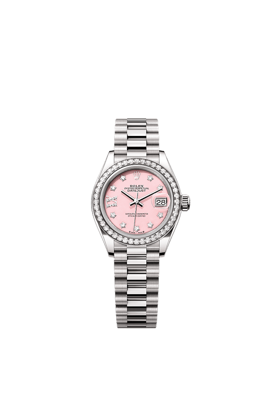 Rolex Oyster 28 mm Pink Opal Set With Diamonds Dial 18 kt White Gold President, Semi-Circular Three-Piece Links m279139rbr-0002