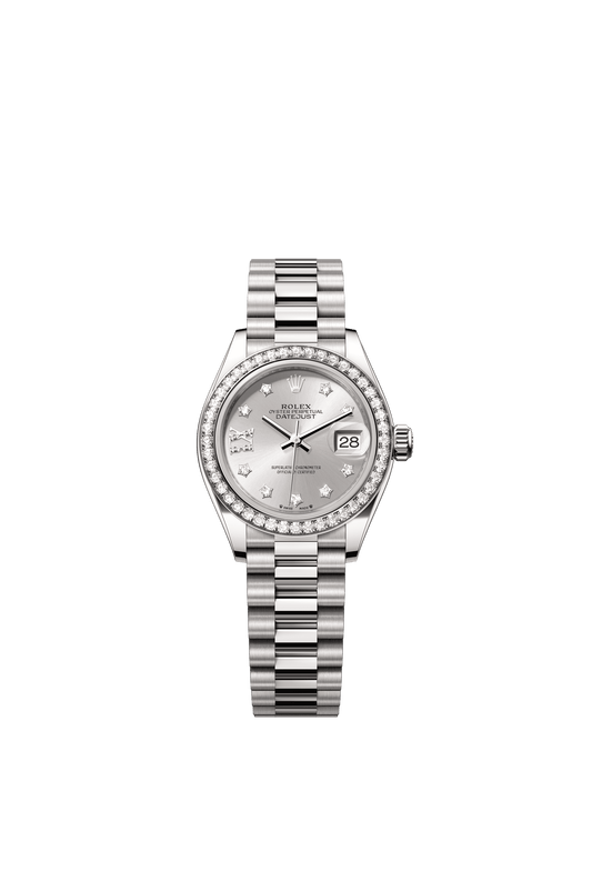 Rolex Oyster 28 mm Silver Set With Diamonds Dial 18 kt White Gold President, Semi-Circular Three-Piece Links m279139rbr-0003