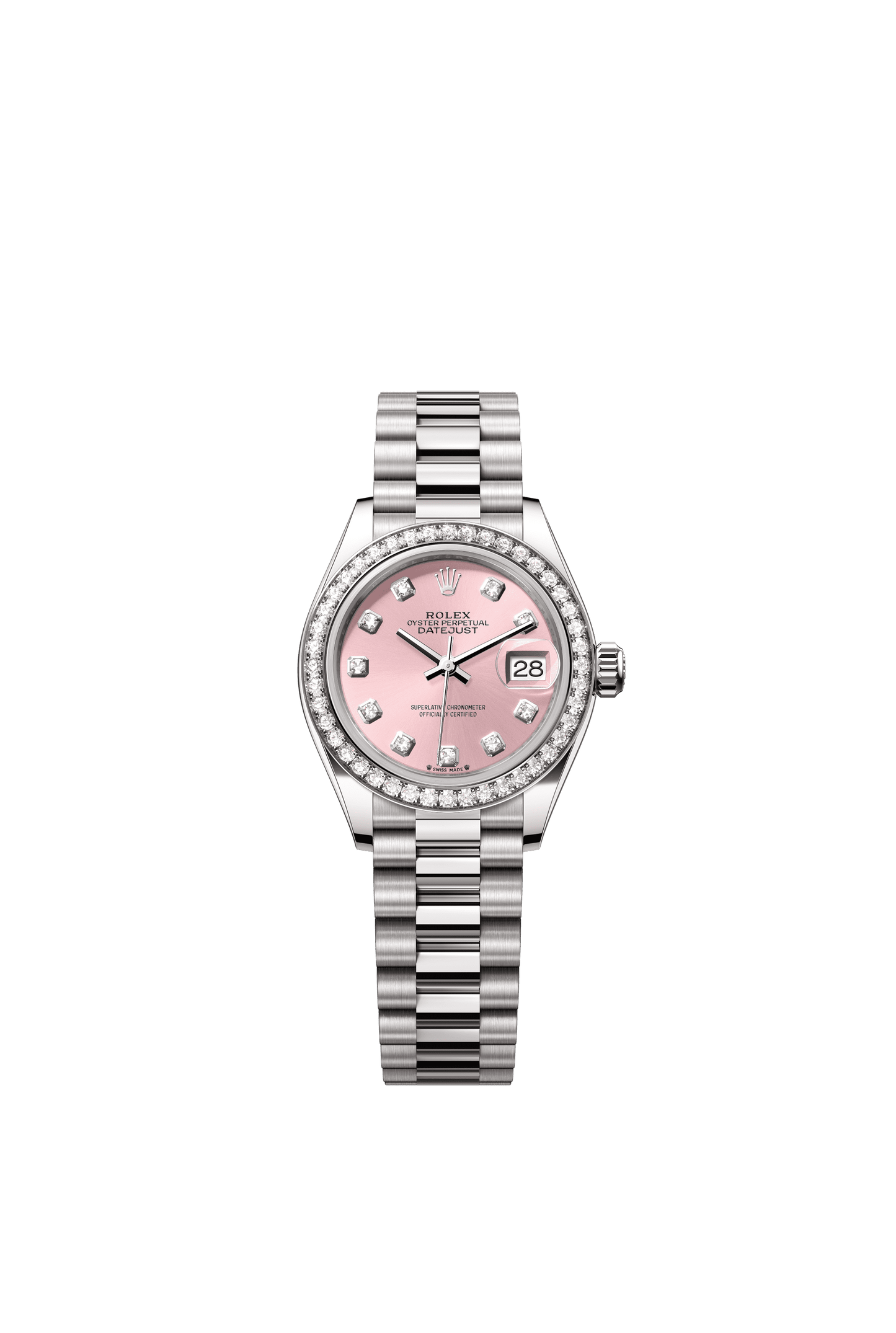 Rolex Oyster 28 mm Pink Set With Diamonds Dial 18 kt White Gold President, Semi-Circular Three-Piece Links m279139rbr-0005