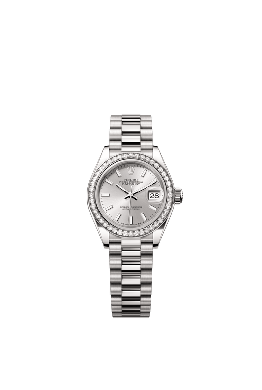 Rolex Oyster 28 mm Silver Dial 18 kt White Gold President, Semi-Circular Three-Piece Links m279139rbr-0006