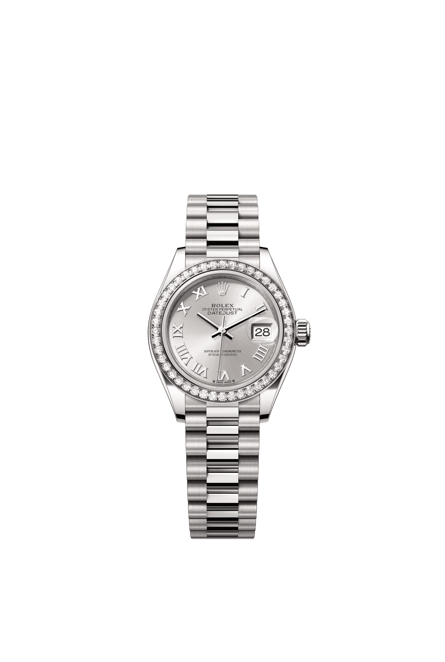 Rolex Oyster 28 mm Silver Dial 18 kt White Gold President, Semi-Circular Three-Piece Links m279139rbr-0007