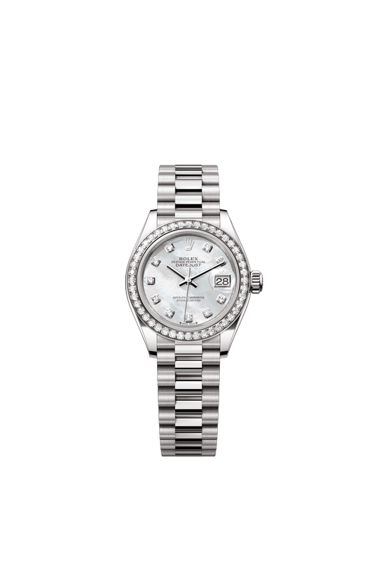 Rolex Oyster 28 mm White Mother-Of-Pearl Set With Diamonds Dial 18 kt White Gold President, Semi-Circular Three-Piece Links m279139rbr-0008