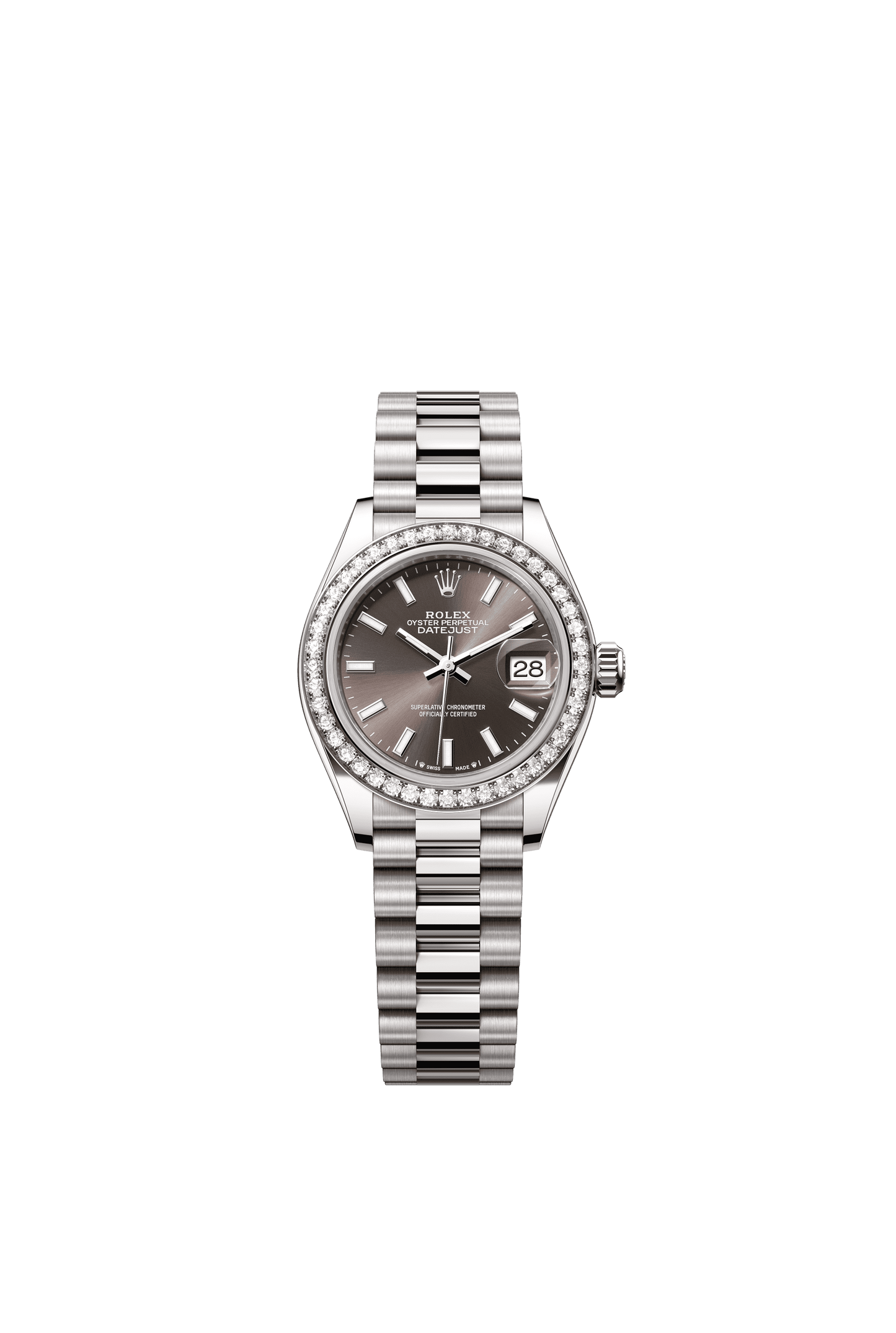 Rolex Oyster 28 mm Dark Grey Dial 18 kt White Gold President, Semi-Circular Three-Piece Links m279139rbr-0009