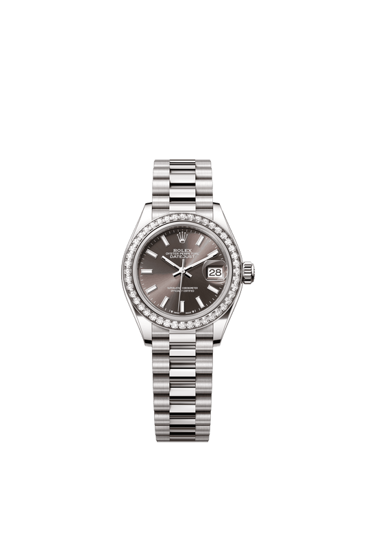 Rolex Oyster 28 mm Dark Grey Dial 18 kt White Gold President, Semi-Circular Three-Piece Links m279139rbr-0009