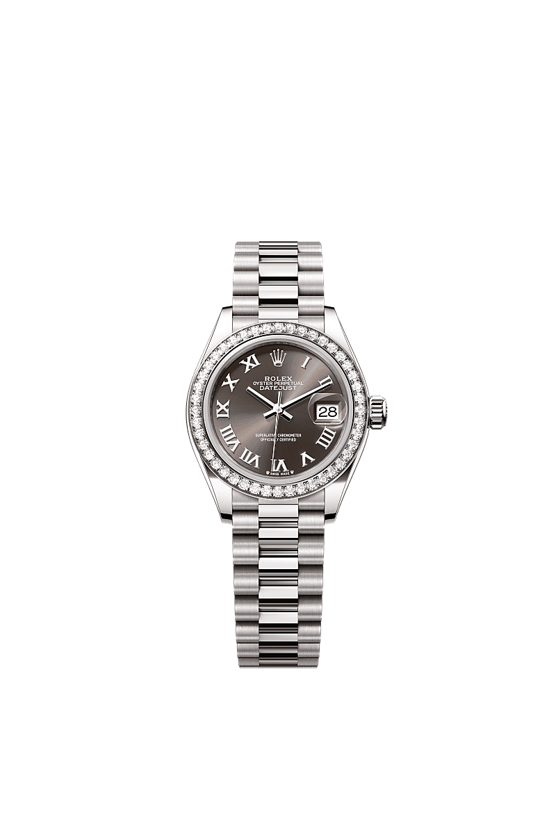 Rolex Oyster 28 mm Dark Grey Dial 18 kt White Gold President, Semi-Circular Three-Piece Links m279139rbr-0010