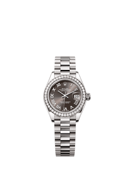 Rolex Oyster 28 mm Dark Grey Dial 18 kt White Gold President, Semi-Circular Three-Piece Links m279139rbr-0010