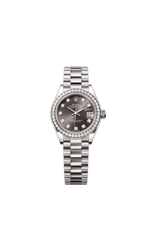 Rolex Oyster 28 mm Dark Grey Set With Diamonds Dial 18 kt White Gold President, Semi-Circular Three-Piece Links m279139rbr-0011