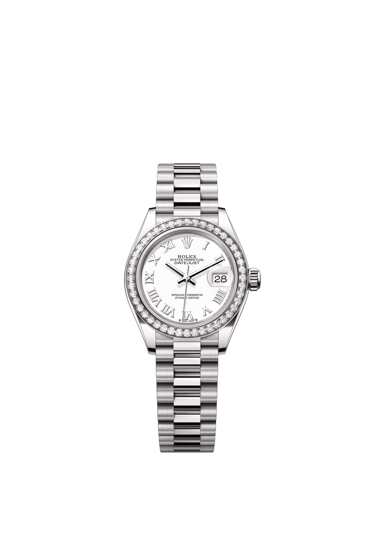 Rolex Oyster 28 mm White Dial 18 kt White Gold President, Semi-Circular Three-Piece Links m279139rbr-0013