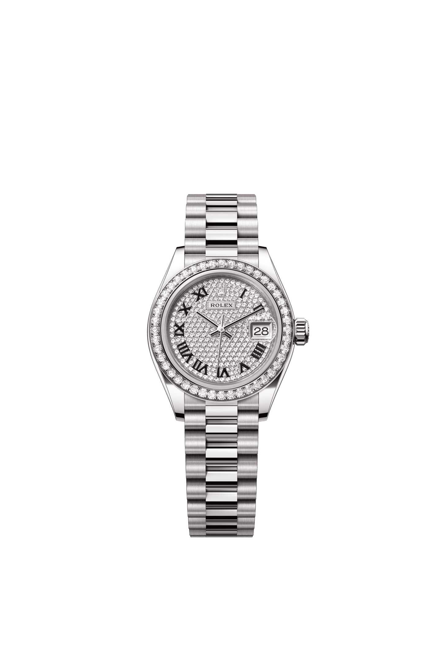 Rolex Oyster 28 mm Diamond-paved Dial 18 kt White Gold President, Semi-Circular Three-Piece Links /m279139rbr-0014