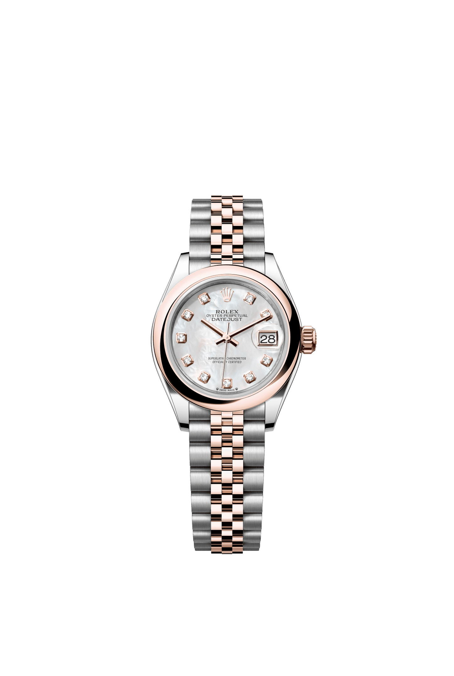 Rolex Lady-Datejust 28 mm White Mother-Of-Pearl Set With Diamonds Dial Oystersteel and Everose Gold Jubilee Bracelet m279161-0013