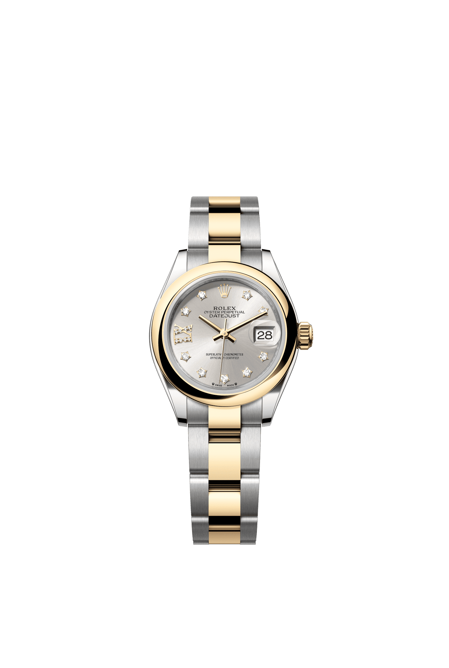 Rolex Lady-Datejust 28 mm Silver Set With Diamonds Dial 18 kt Yellow Gold Oyster Bracelet m279163-0004