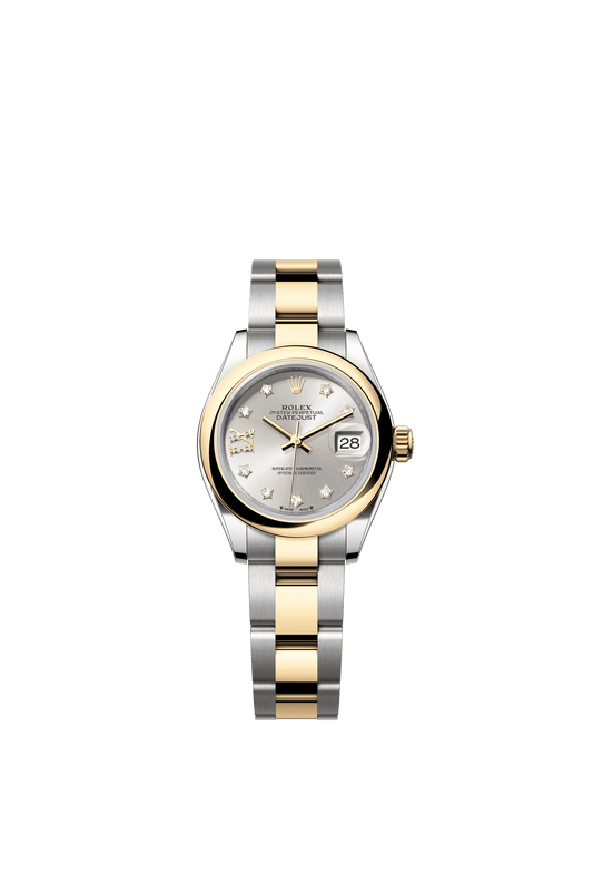 Rolex Lady-Datejust 28 mm Silver Set With Diamonds Dial 18 kt Yellow Gold Oyster Bracelet m279163-0004