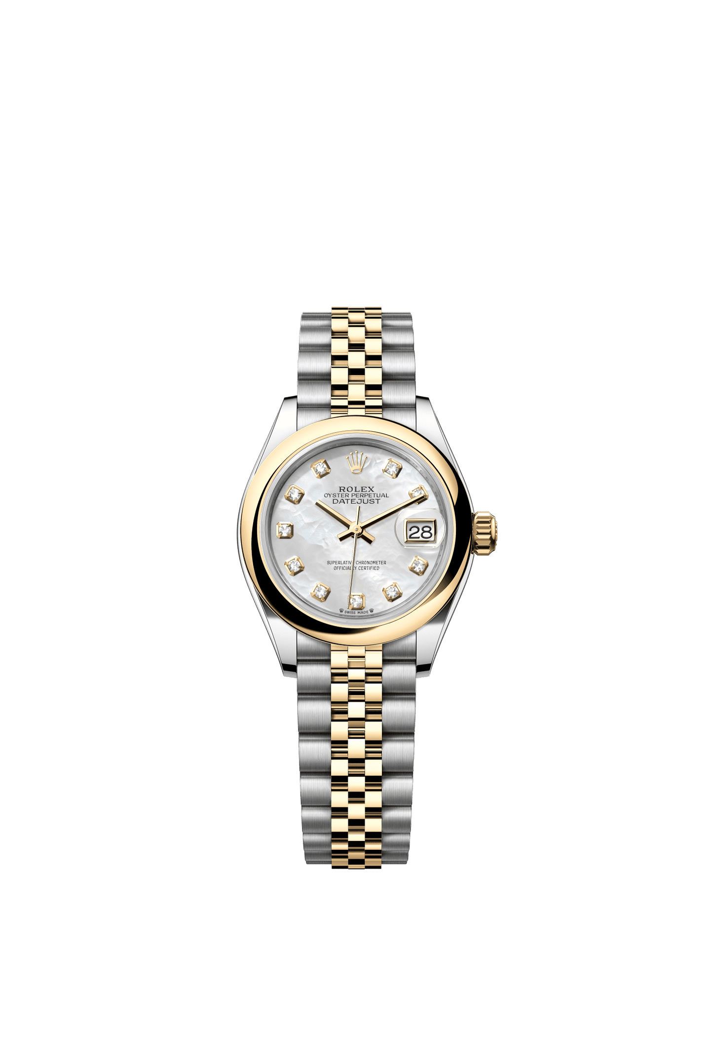 Rolex Lady-Datejust 28 mm White Mother-Of-Pearl Set With Diamonds Dial Oystersteel and 18k Yellow Gold Jubilee Bracelet m279163-0013