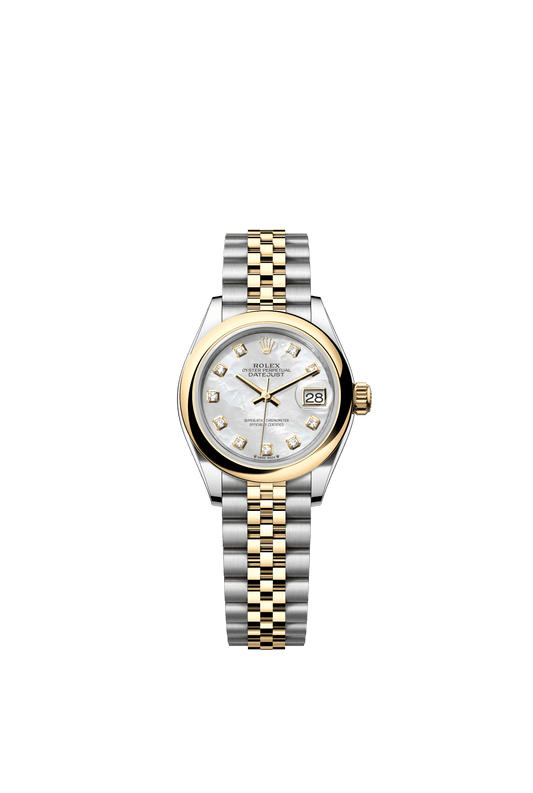 Rolex Lady-Datejust 28 mm White Mother-Of-Pearl Set With Diamonds Dial Oystersteel and 18k Yellow Gold Jubilee Bracelet m279163-0013