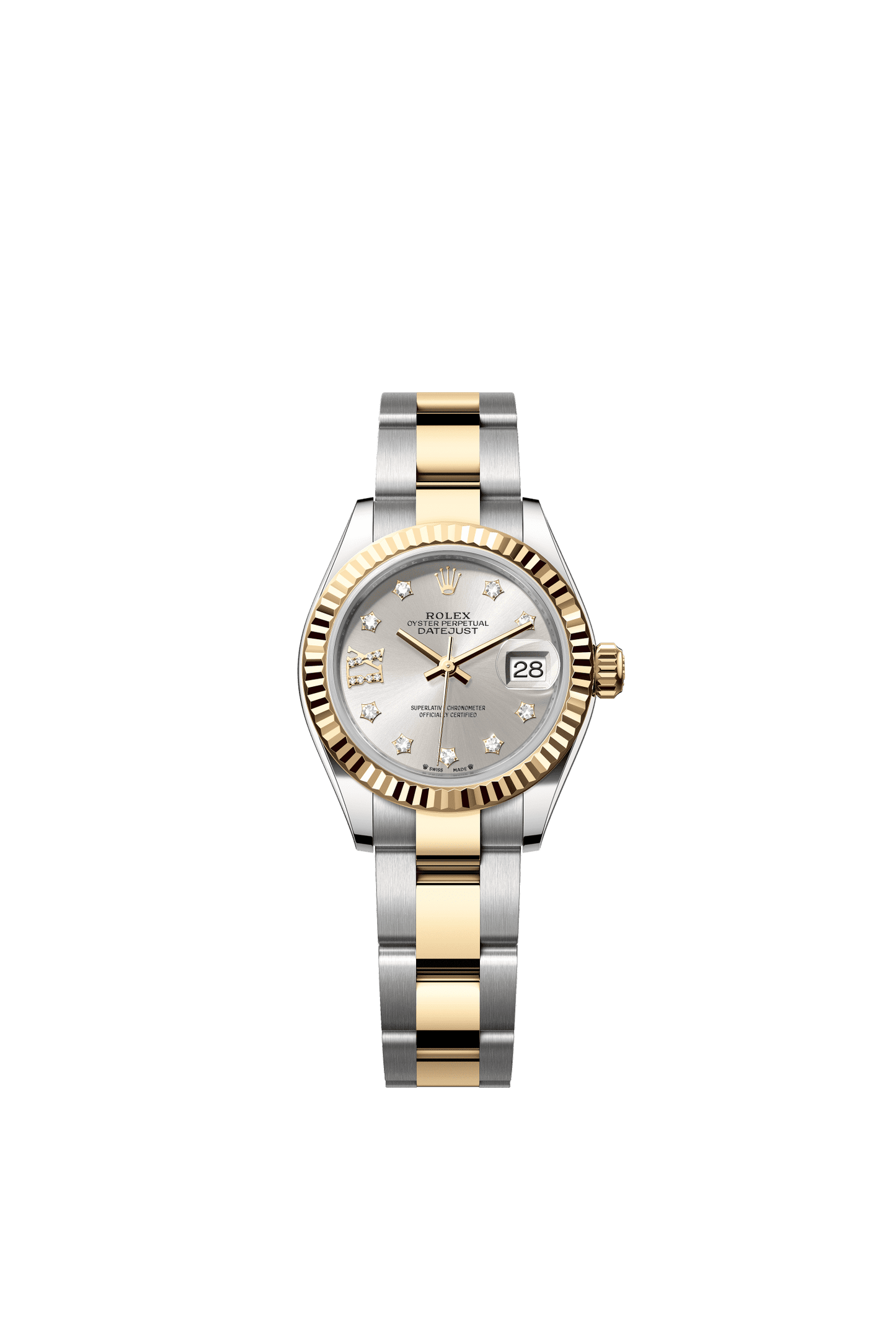 Rolex Lady-Datejust 28 mm Silver Set With Diamonds Dial 18 kt Yellow Gold Oyster Bracelet m279173-0004