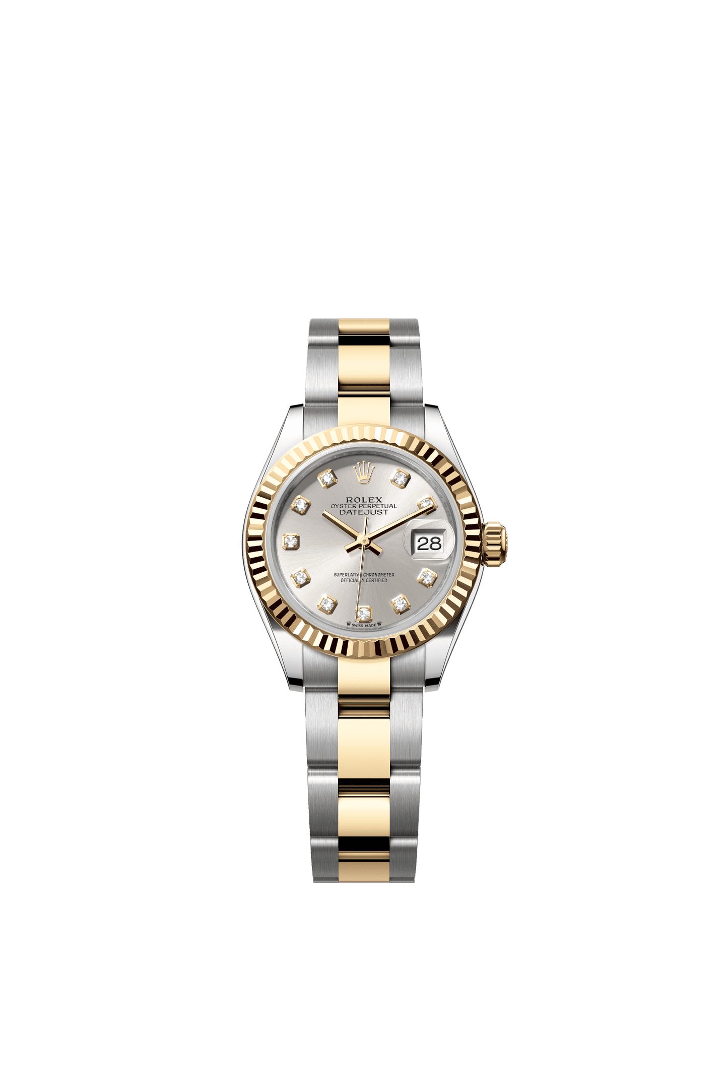 Rolex Lady-Datejust 28 mm Silver Set With Diamonds Dial 18 kt Yellow Gold Oyster Bracelet m279173-0008